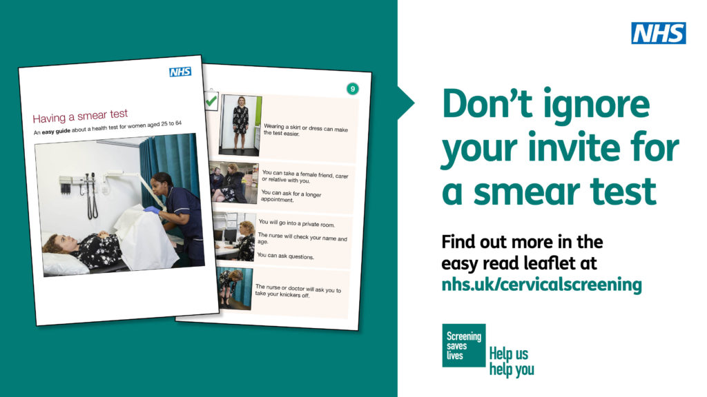 Social Media post showing an easy read leaflet about smear tests, accompanying text: "Don't ignore your invite for a smear test"