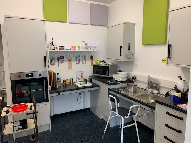 A photo of kitchen with assistive equipment. 